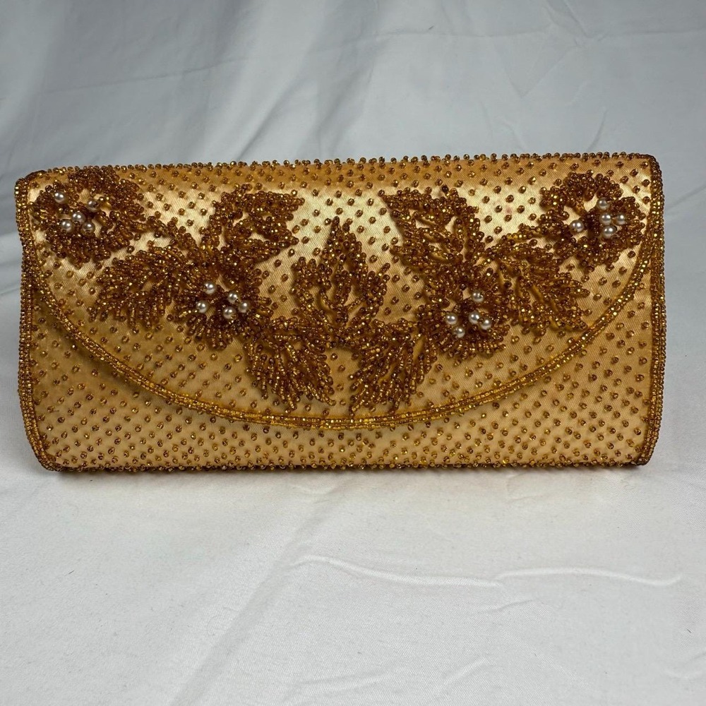 Vintage‎ Beaded Gold Evening Clutch Purse Handbag Bead & Sequin Design